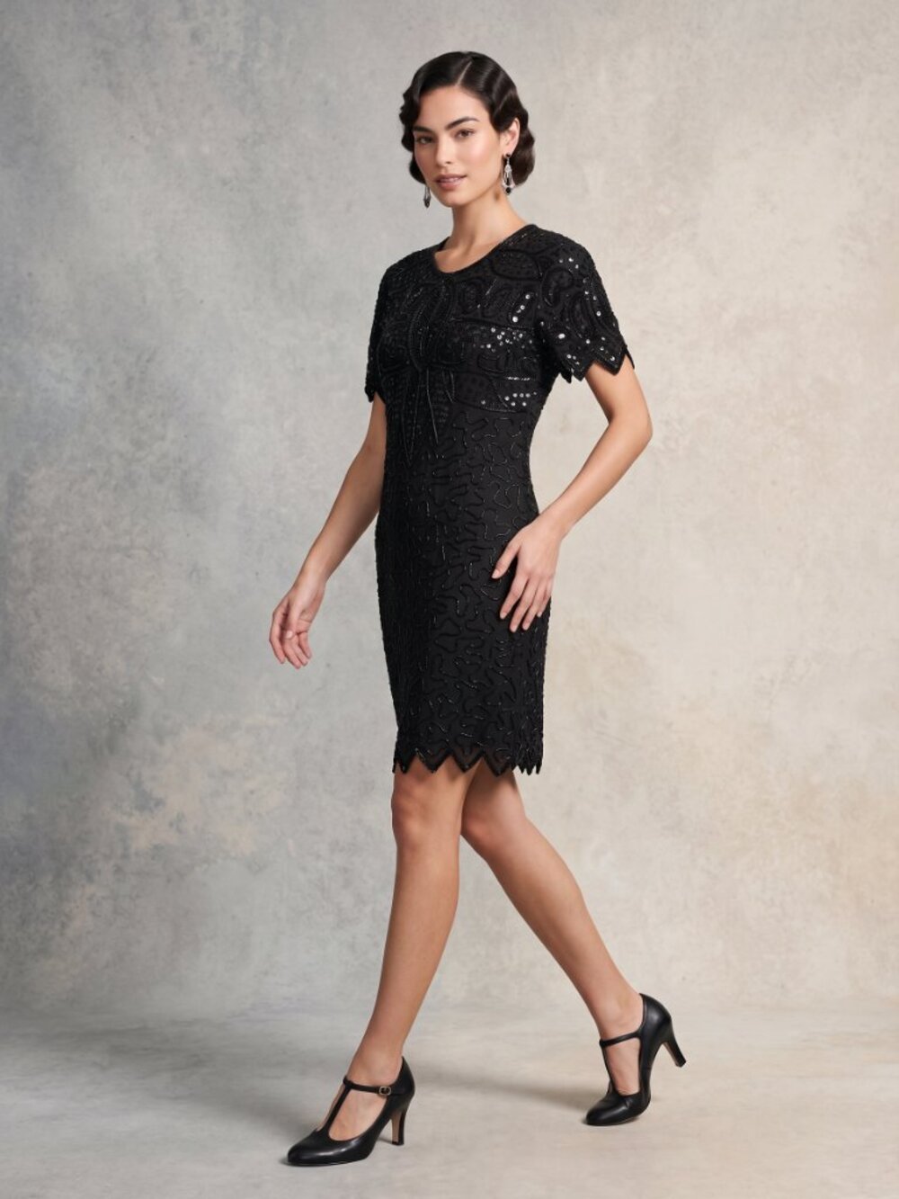 NWT Vintage 80s Silky Nites Black Silk Beaded Sequin Scalloped Cocktail Dress M